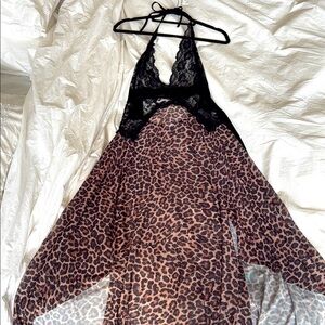 Leopard Print Halter Lingerie Dress with Black Lace